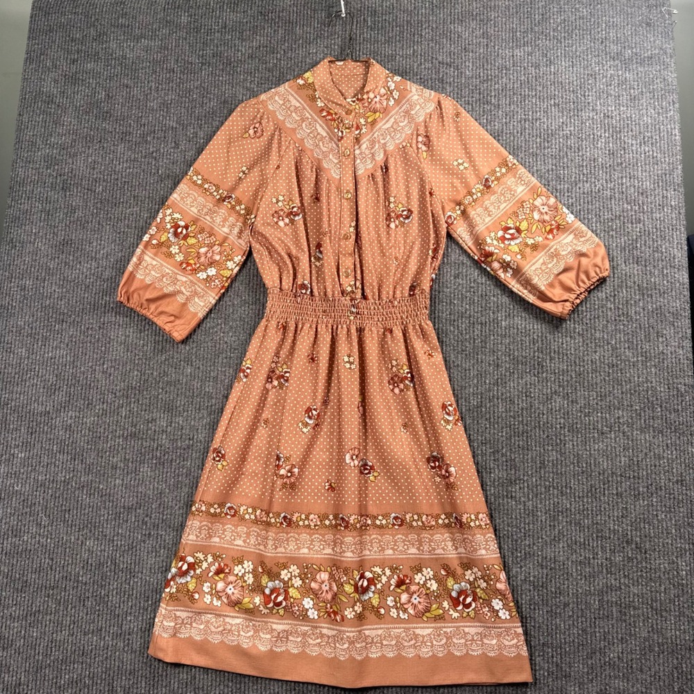 VTG Floral Polka Dot Midi Dress Romantic‎ Coquette Cottagecore Prairie Boho 10